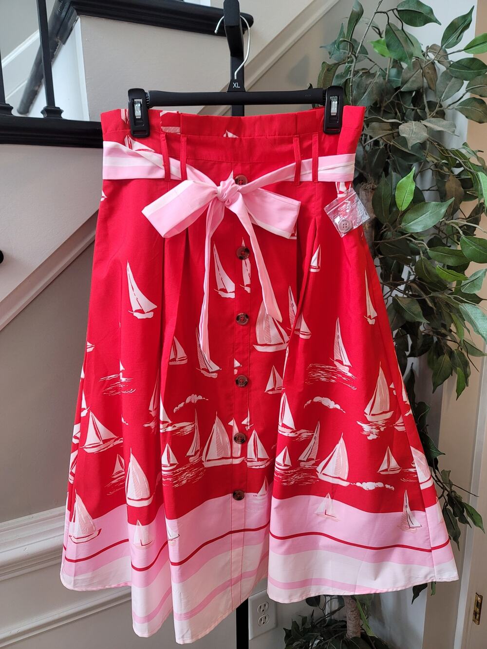 Her Destiny Red Sailboat Midi Skirt Womens Large Nautical A-Line Paperbag Waist